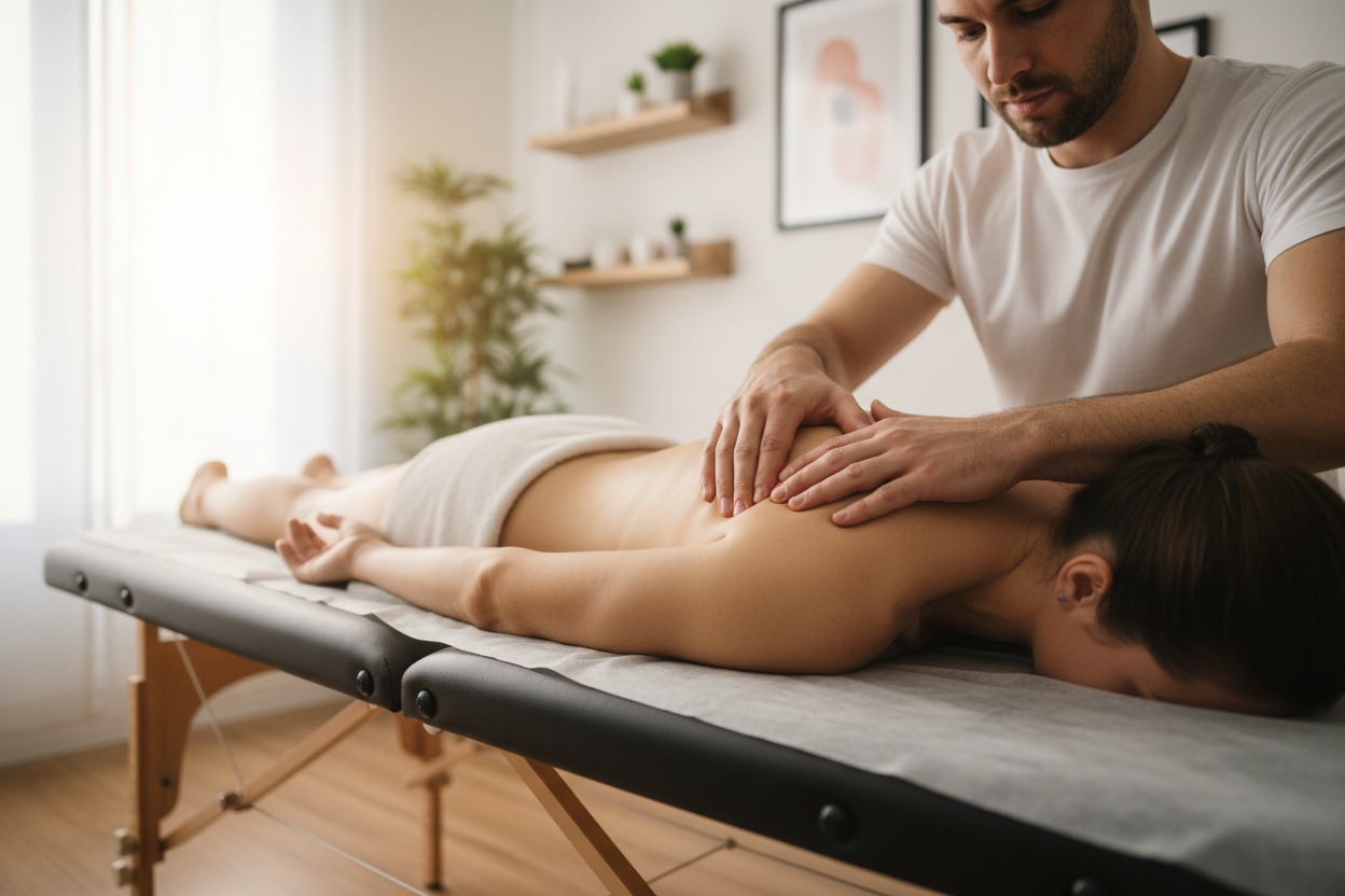 Un massaggiatore professionista esegue un massaggio alla schiena su una donna distesa su un lettino in un centro benessere.